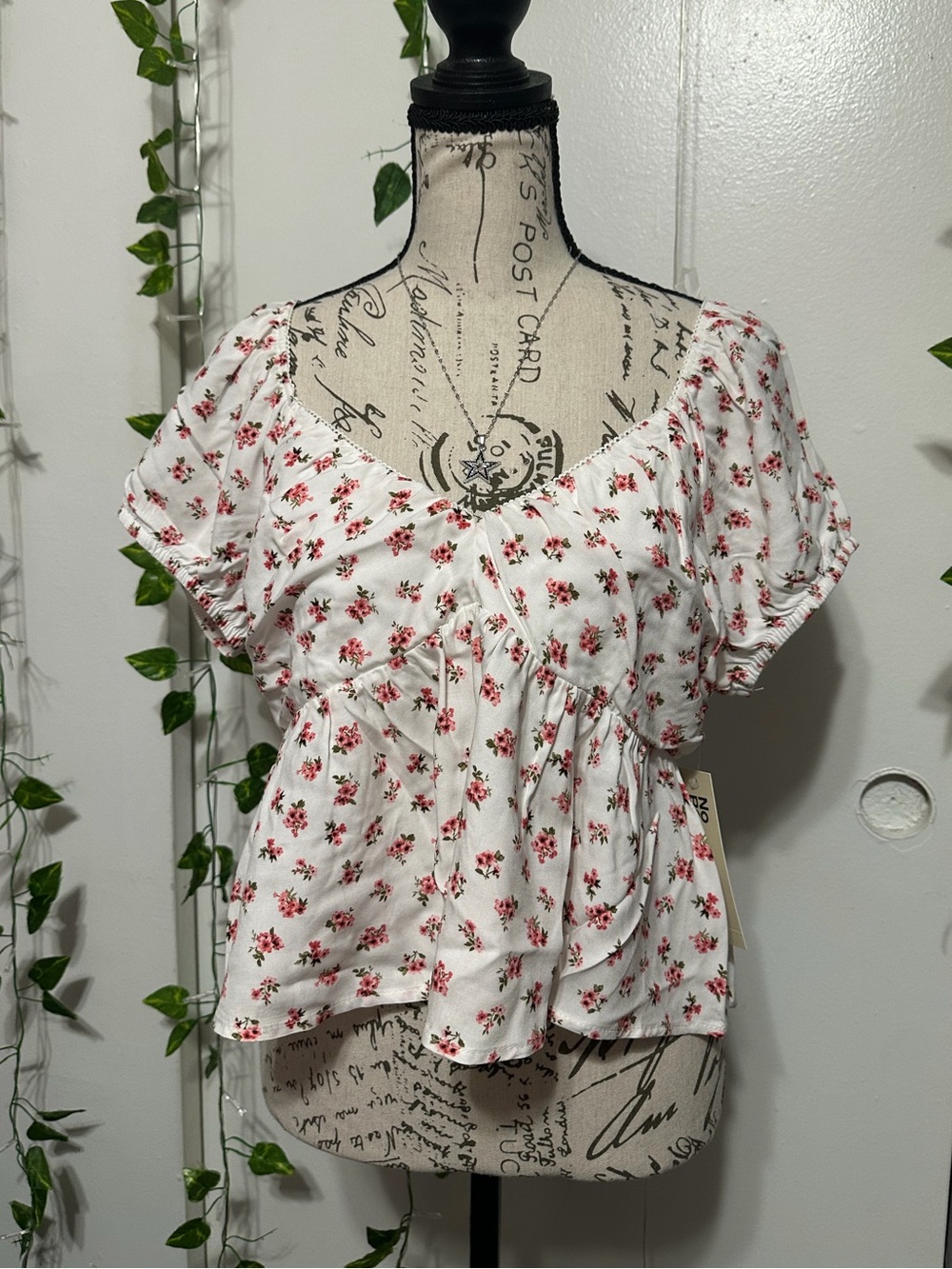 No Boundaries White Peplum Top with Red Floral Print